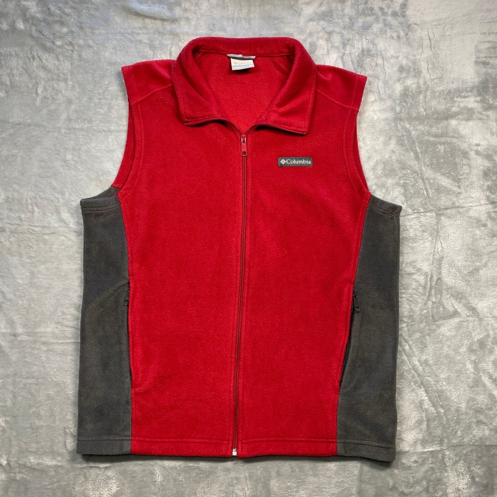 Columbia Fleece Vest Red‎ Gray Full Zip Mens Size Medium Outdoor Hiking Layer